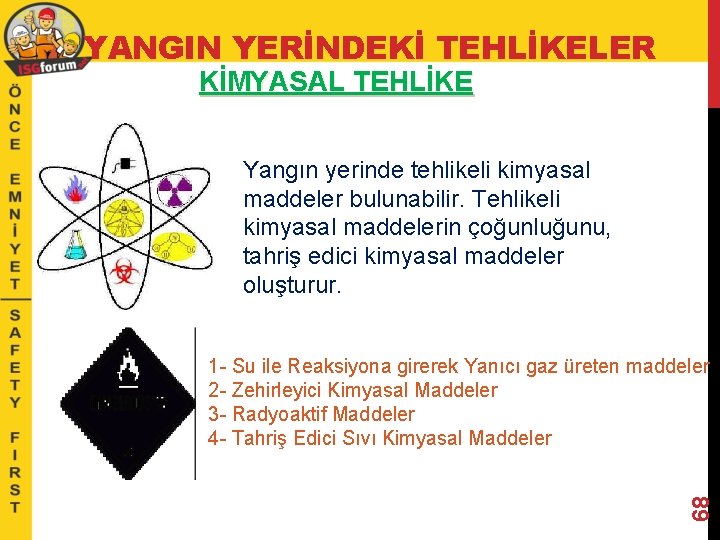 YANGIN YERİNDEKİ TEHLİKELER KİMYASAL TEHLİKE Yangın yerinde tehlikeli kimyasal maddeler bulunabilir. Tehlikeli kimyasal maddelerin