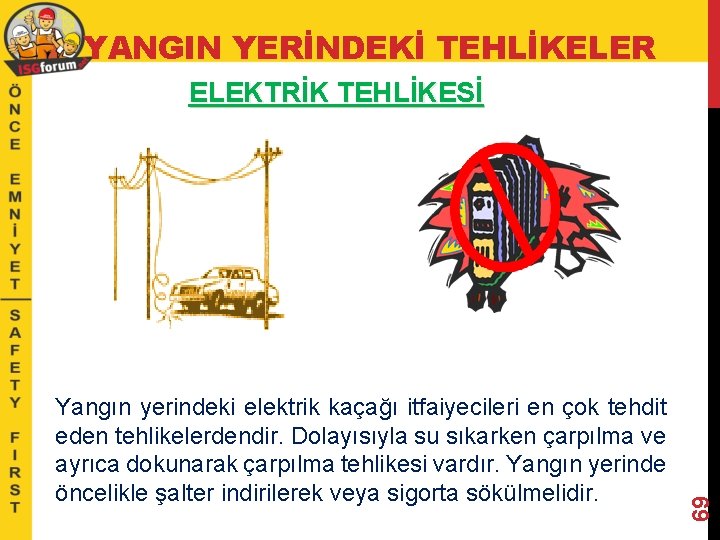 YANGIN YERİNDEKİ TEHLİKELER Yangın yerindeki elektrik kaçağı itfaiyecileri en çok tehdit eden tehlikelerdendir. Dolayısıyla