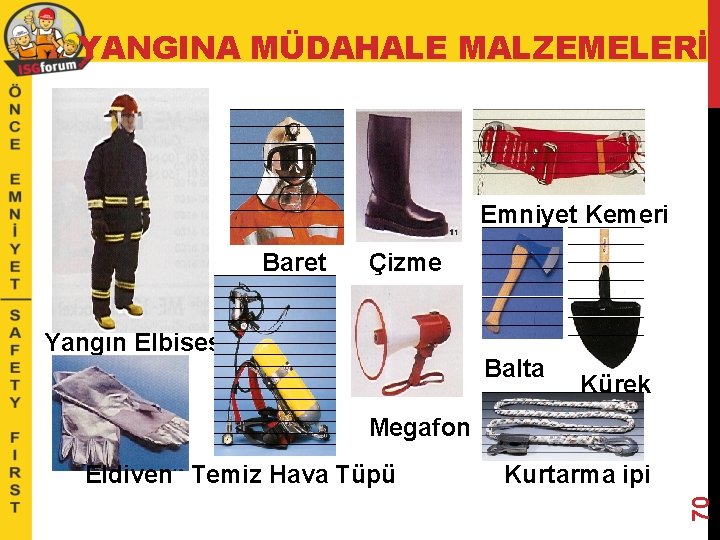 YANGINA MÜDAHALE MALZEMELERİ Emniyet Kemeri Baret Çizme Yangın Elbisesi Balta Kürek Megafon Kurtarma ipi