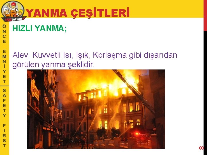 YANMA ÇEŞİTLERİ HIZLI YANMA; 8 Alev, Kuvvetli Isı, Işık, Korlaşma gibi dışarıdan görülen yanma