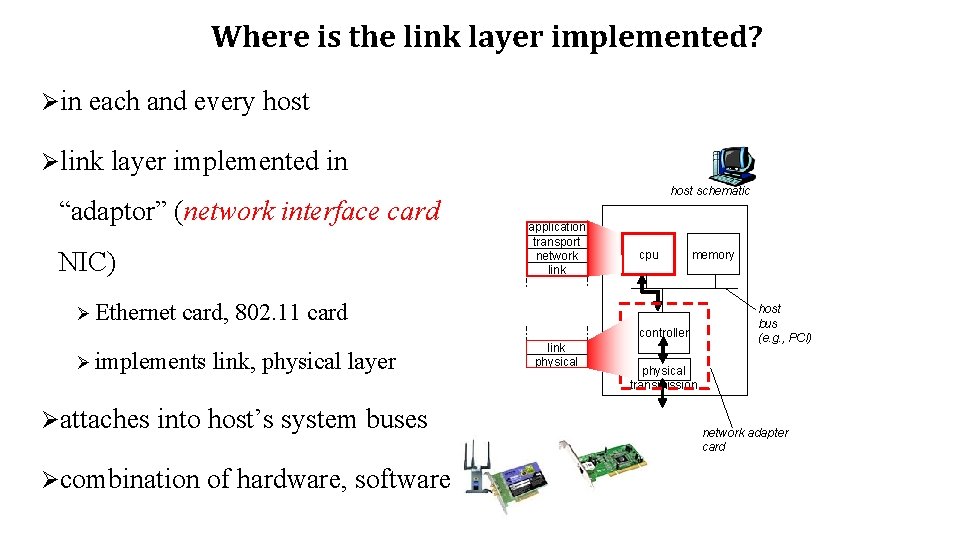 Where is the link layer implemented? Øin each and every host Ølink layer implemented Where is the link layer implemented? Øin each and every host Ølink layer implemented