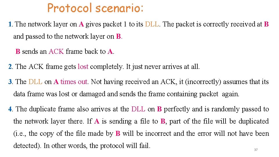 Protocol scenario: 1. The network layer on A gives packet 1 to its DLL. Protocol scenario: 1. The network layer on A gives packet 1 to its DLL.