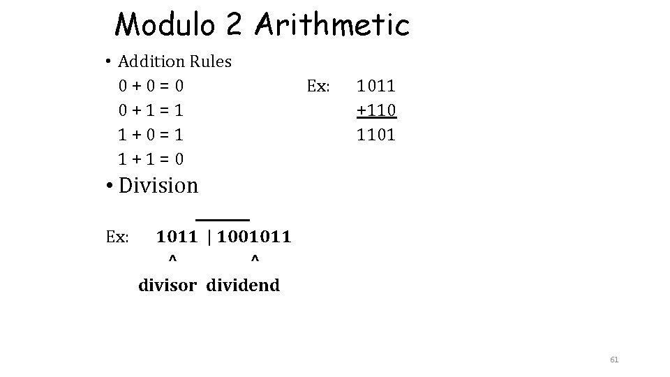 Modulo 2 Arithmetic • Addition Rules 0+0=0 0+1=1 1+0=1 1+1=0 Ex: 1011 +110 1101 Modulo 2 Arithmetic • Addition Rules 0+0=0 0+1=1 1+0=1 1+1=0 Ex: 1011 +110 1101