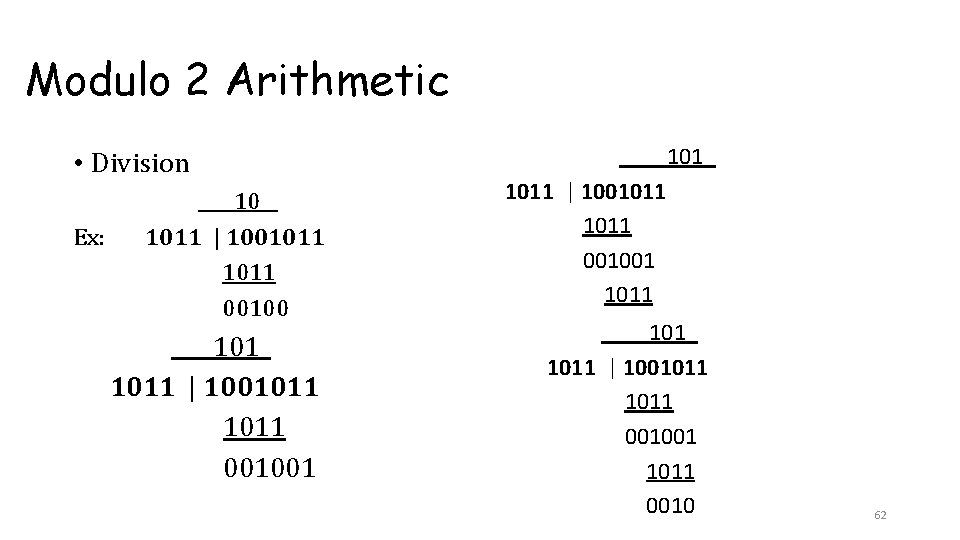 Modulo 2 Arithmetic • Division Ex: ____10__ 1011 | 1001011 00100 ____101_ 1011 | Modulo 2 Arithmetic • Division Ex: ____10__ 1011 | 1001011 00100 ____101_ 1011 |