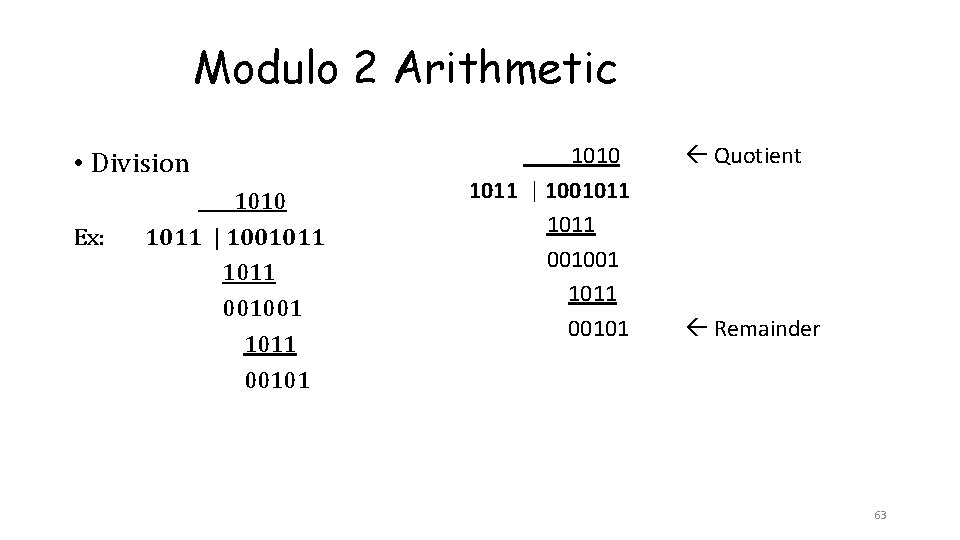 Modulo 2 Arithmetic • Division Ex: ____1010 1011 | 1001011 001001 1011 00101 Quotient Modulo 2 Arithmetic • Division Ex: ____1010 1011 | 1001011 001001 1011 00101 Quotient