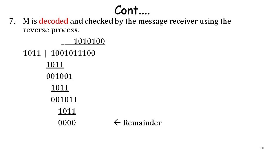 Cont. . 7. M is decoded and checked by the message receiver using the Cont. . 7. M is decoded and checked by the message receiver using the