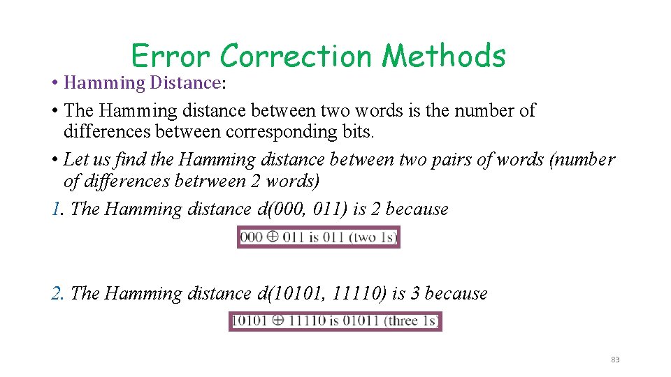 Error Correction Methods • Hamming Distance: • The Hamming distance between two words is Error Correction Methods • Hamming Distance: • The Hamming distance between two words is