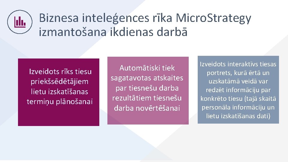 Biznesa inteleģences rīka Micro. Strategy izmantošana ikdienas darbā Izveidots rīks tiesu priekšsēdētājiem lietu izskatīšanas