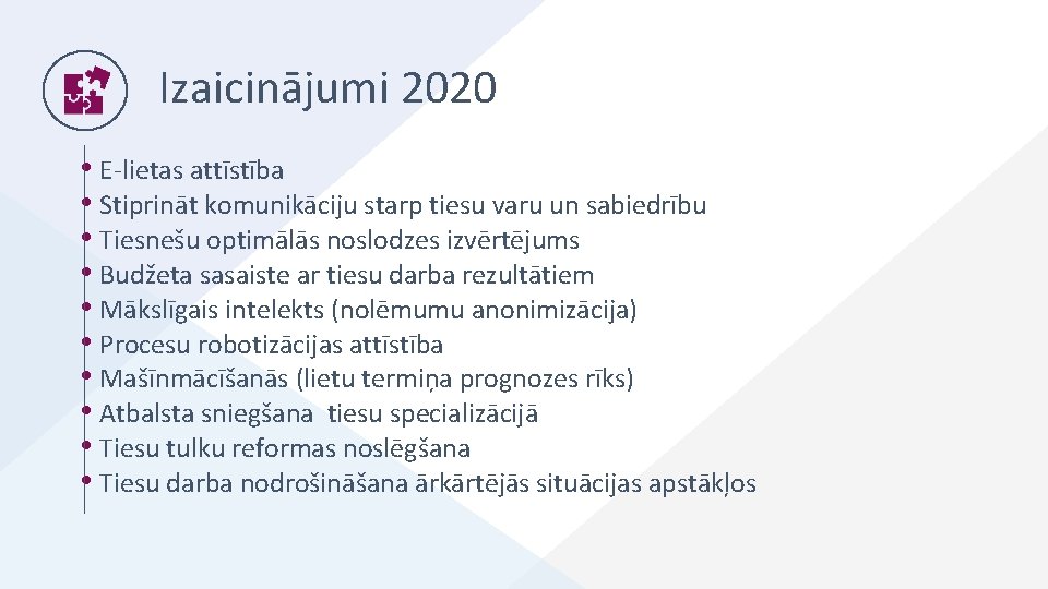  Izaicinājumi 2020 • E-lietas attīstība • Stiprināt komunikāciju starp tiesu varu un sabiedrību