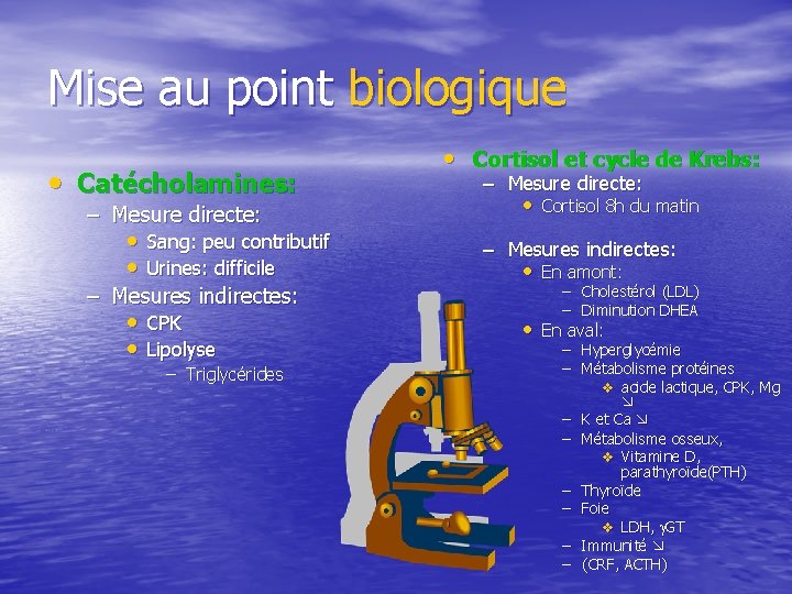 Mise au point biologique • Catécholamines: – Mesure directe: • Sang: peu contributif •