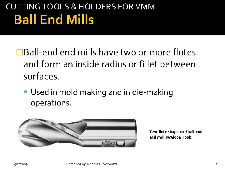 CUTTING TOOLS & HOLDERS FOR VMM Ball End Mills tab �Ball-end mills have two