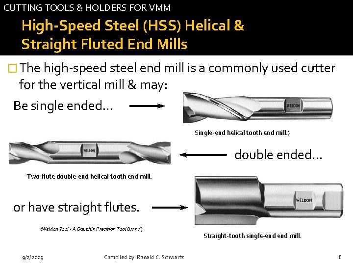 CUTTING TOOLS & HOLDERS FOR VMM High-Speed Steel (HSS) Helical & Straight Fluted End