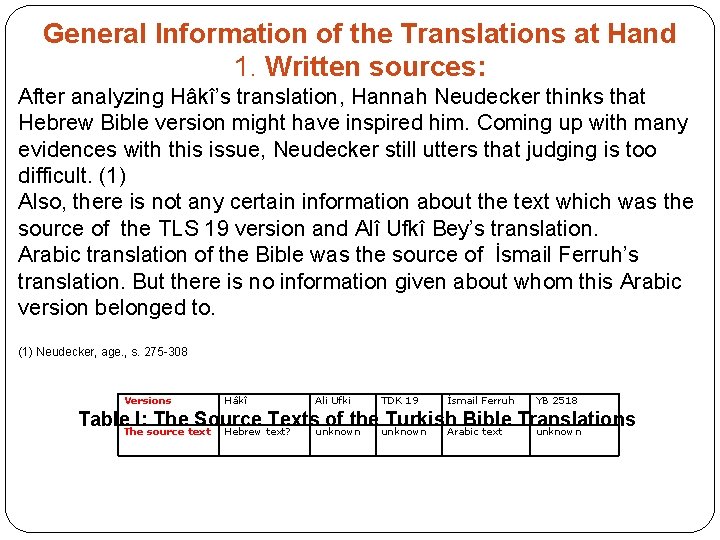 General Information of the Translations at Hand 1. Written sources: After analyzing Hâkî’s translation,