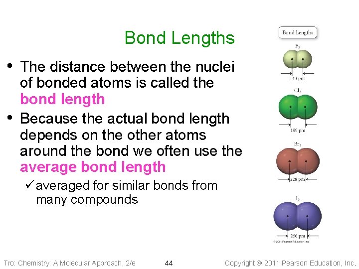 Bond Lengths • The distance between the nuclei • of bonded atoms is called