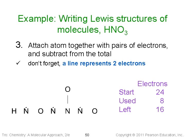 Example: Writing Lewis structures of molecules, HNO 3 3. Attach atom together with pairs