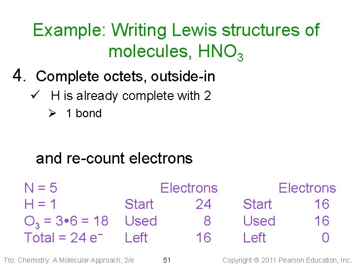 Example: Writing Lewis structures of molecules, HNO 3 4. Complete octets, outside-in ü H