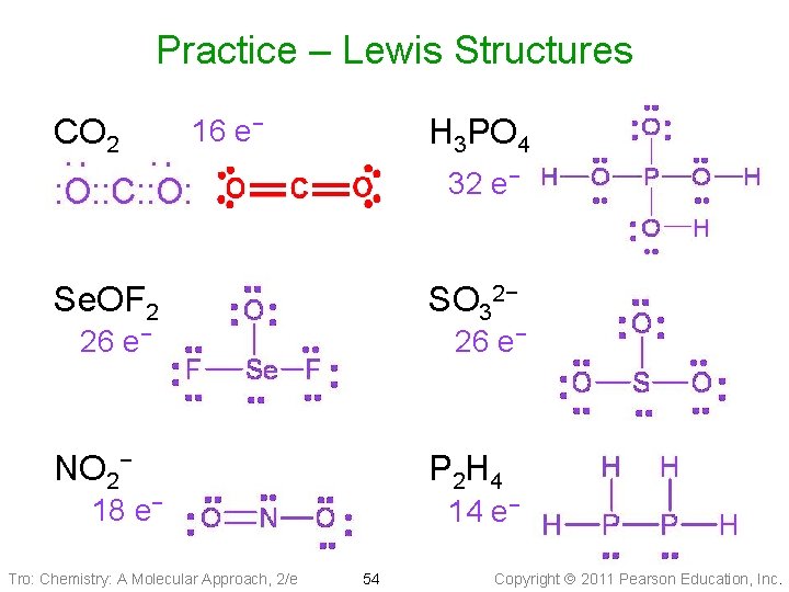 Practice – Lewis Structures CO 2 H 3 PO 4 16 e− 32 e−