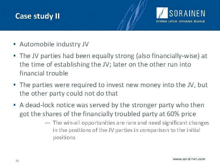 Case study II ESTONIA LATVIA LITHUANIA BELARUS ▪ Automobile industry JV ▪ The JV Case study II ESTONIA LATVIA LITHUANIA BELARUS ▪ Automobile industry JV ▪ The JV