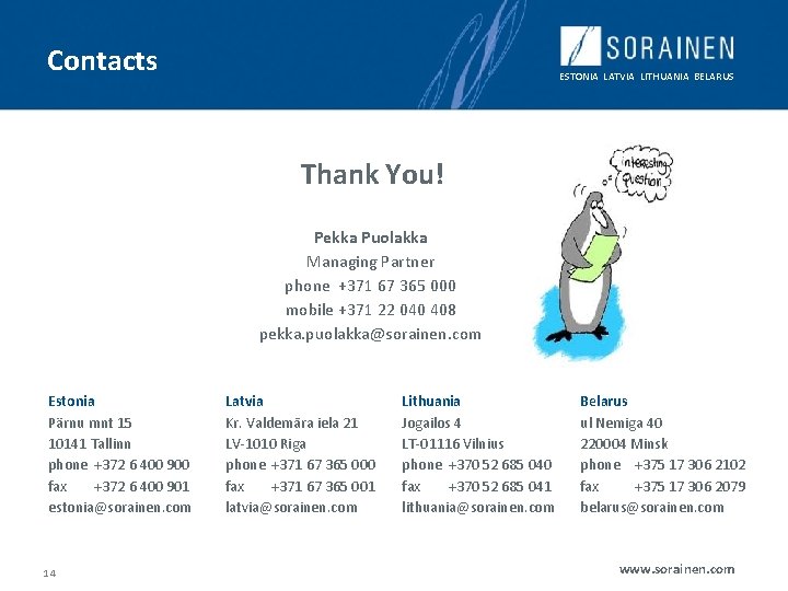 Contacts ESTONIA LATVIA LITHUANIA BELARUS Thank You! Pekka Puolakka Managing Partner phone +371 67 Contacts ESTONIA LATVIA LITHUANIA BELARUS Thank You! Pekka Puolakka Managing Partner phone +371 67