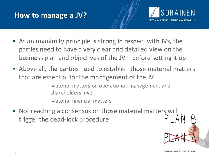 How to manage a JV? ESTONIA LATVIA LITHUANIA BELARUS ▪ As an unanimity principle How to manage a JV? ESTONIA LATVIA LITHUANIA BELARUS ▪ As an unanimity principle