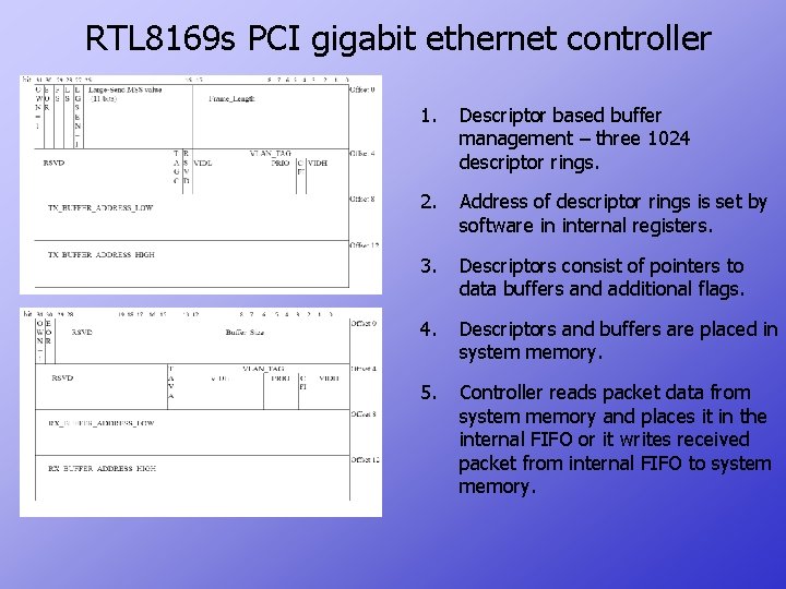 RTL 8169 s PCI gigabit ethernet controller 1. Descriptor based buffer management – three