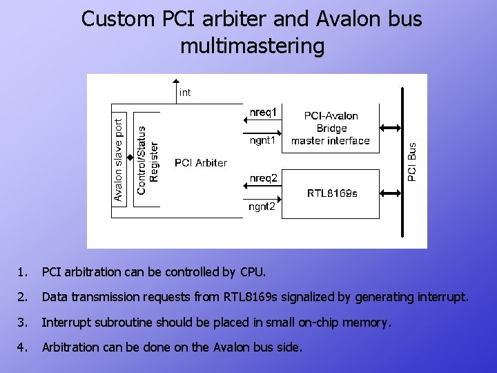 Custom PCI arbiter and Avalon bus multimastering 1. PCI arbitration can be controlled by