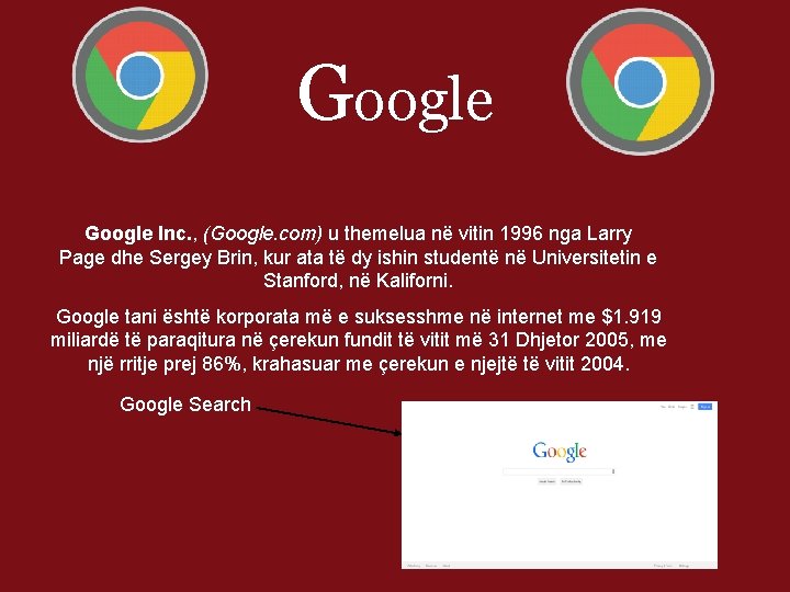 Google Inc. , (Google. com) u themelua në vitin 1996 nga Larry Page dhe