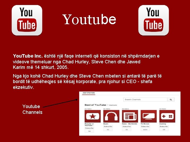 Youtube You. Tube Inc. është një faqe interneti që konsiston në shpërndarjen e videove