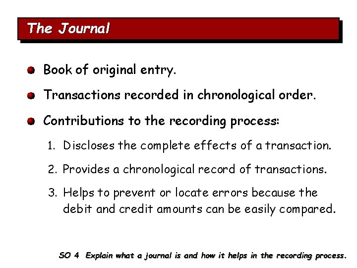 The Journal Book of original entry. Transactions recorded in chronological order. Contributions to the