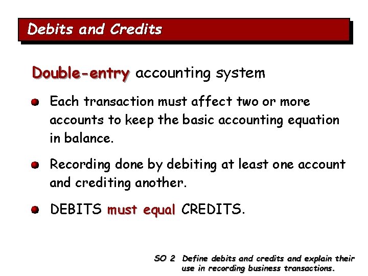 Debits and Credits Double-entry accounting system Each transaction must affect two or more accounts