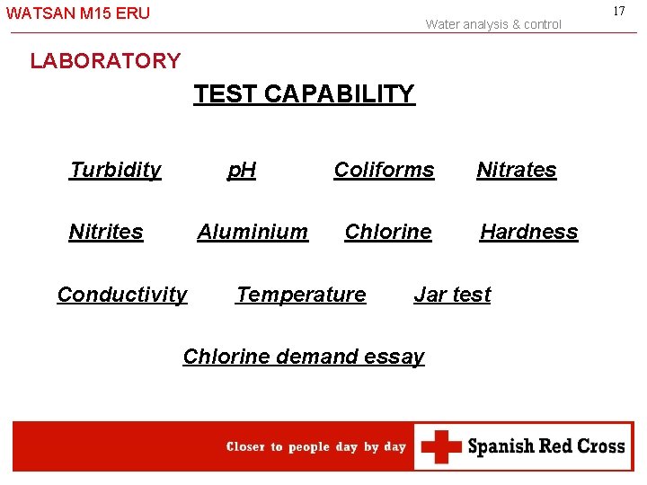 WATSAN M 15 ERU Water analysis & control LABORATORY TEST CAPABILITY Turbidity p. H