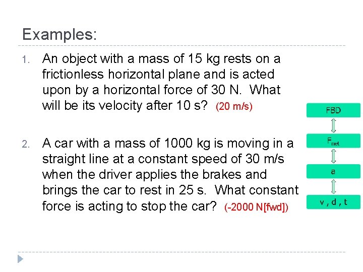Examples: 1. An object with a mass of 15 kg rests on a frictionless