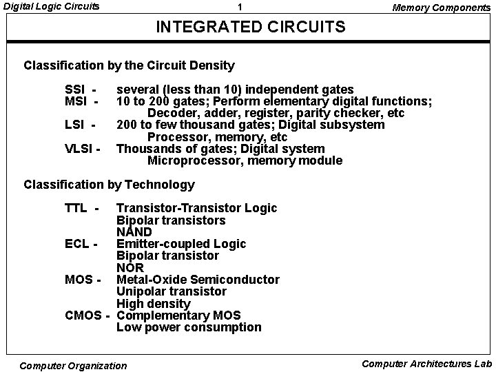 Digital Logic Circuits 1 Memory Components INTEGRATED CIRCUITS Classification by the Circuit Density SSI