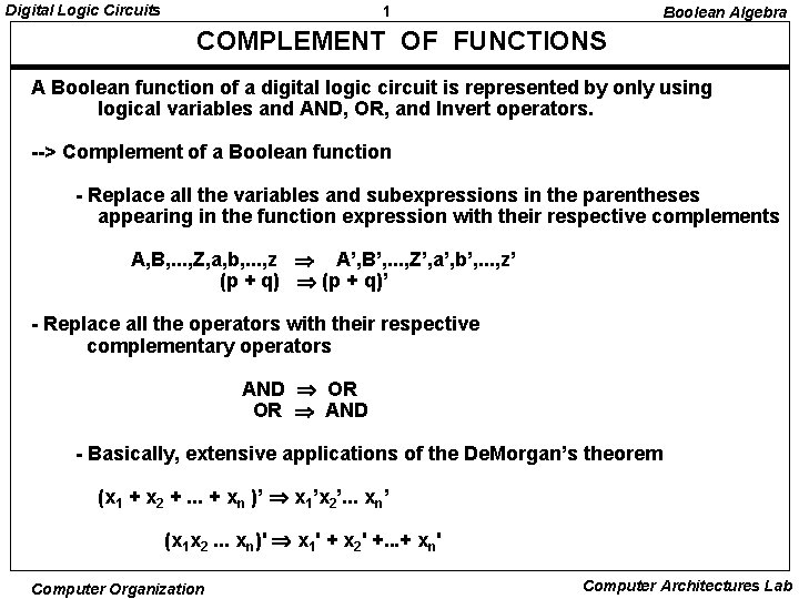 Digital Logic Circuits 1 Boolean Algebra COMPLEMENT OF FUNCTIONS A Boolean function of a