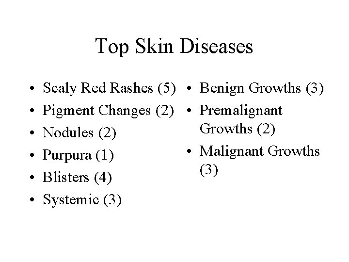 Top Skin Diseases • • • Scaly Red Rashes (5) • Benign Growths (3) Top Skin Diseases • • • Scaly Red Rashes (5) • Benign Growths (3)