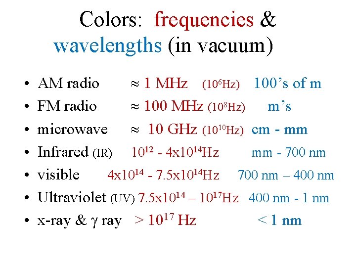 Colors: frequencies & wavelengths (in vacuum) • • AM radio 1 MHz (106 Hz)