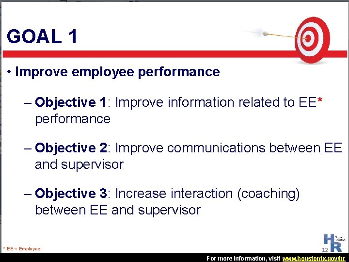 GOAL 1 • Improve employee performance – Objective 1: Improve information related to EE* GOAL 1 • Improve employee performance – Objective 1: Improve information related to EE*