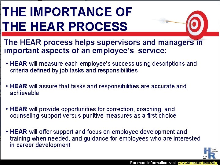 THE IMPORTANCE OF THE HEAR PROCESS The HEAR process helps supervisors and managers in THE IMPORTANCE OF THE HEAR PROCESS The HEAR process helps supervisors and managers in