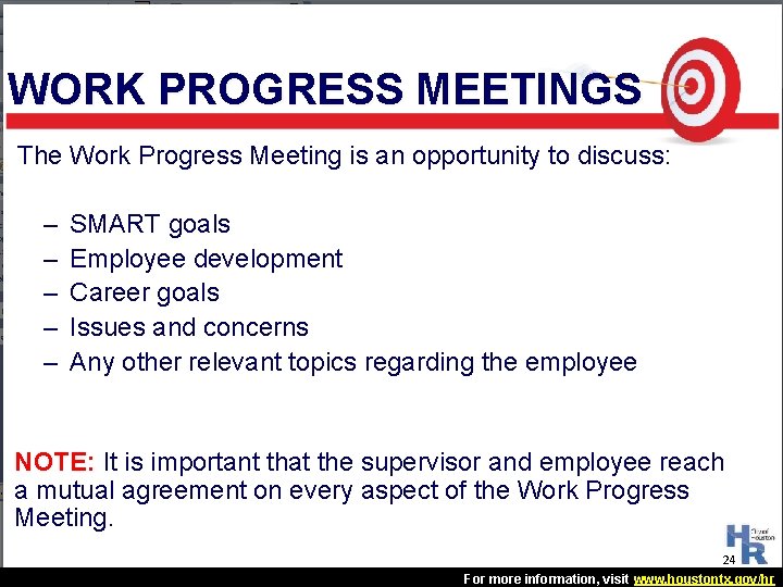 WORK PROGRESS MEETINGS The Work Progress Meeting is an opportunity to discuss: – – WORK PROGRESS MEETINGS The Work Progress Meeting is an opportunity to discuss: – –