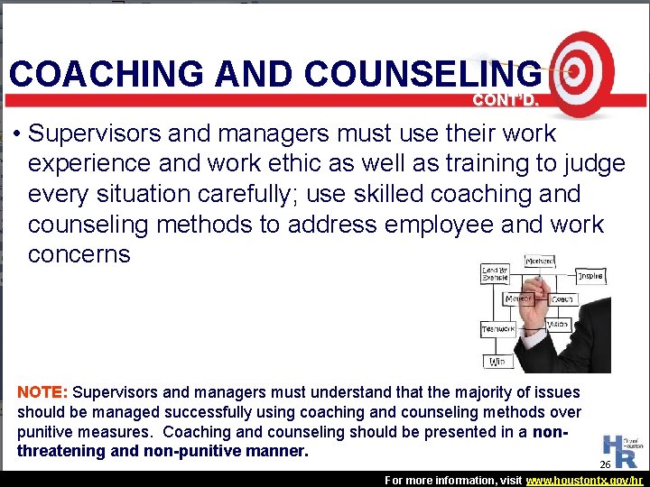 COACHING AND COUNSELING CONT’D. • Supervisors and managers must use their work experience and COACHING AND COUNSELING CONT’D. • Supervisors and managers must use their work experience and