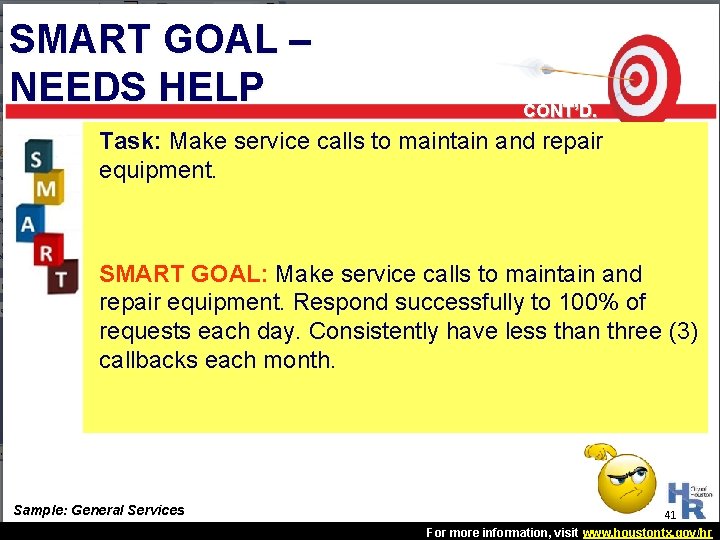 SMART GOAL – NEEDS HELP CONT’D. Task: Make service calls to maintain and repair SMART GOAL – NEEDS HELP CONT’D. Task: Make service calls to maintain and repair