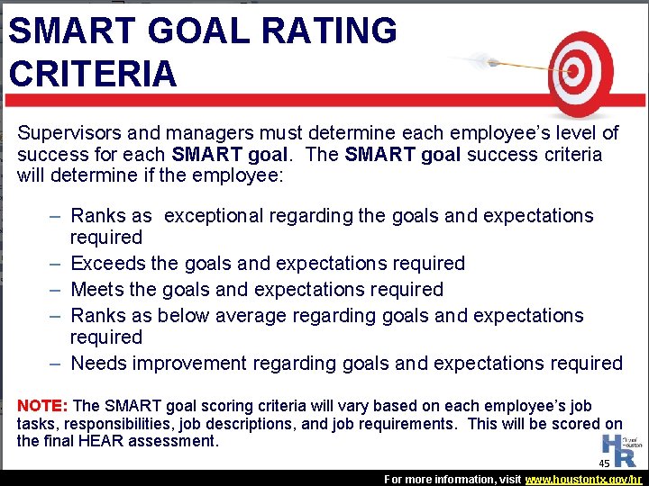SMART GOAL RATING CRITERIA Supervisors and managers must determine each employee’s level of success SMART GOAL RATING CRITERIA Supervisors and managers must determine each employee’s level of success