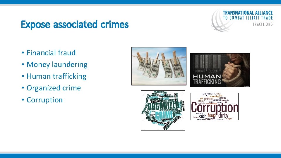  Expose associated crimes • Financial fraud • Money laundering • Human trafficking •