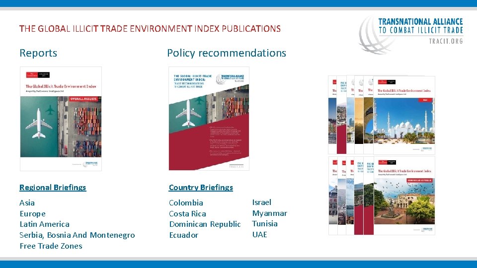  THE GLOBAL ILLICIT TRADE ENVIRONMENT INDEX PUBLICATIONS Reports Policy recommendations Regional Briefings Country