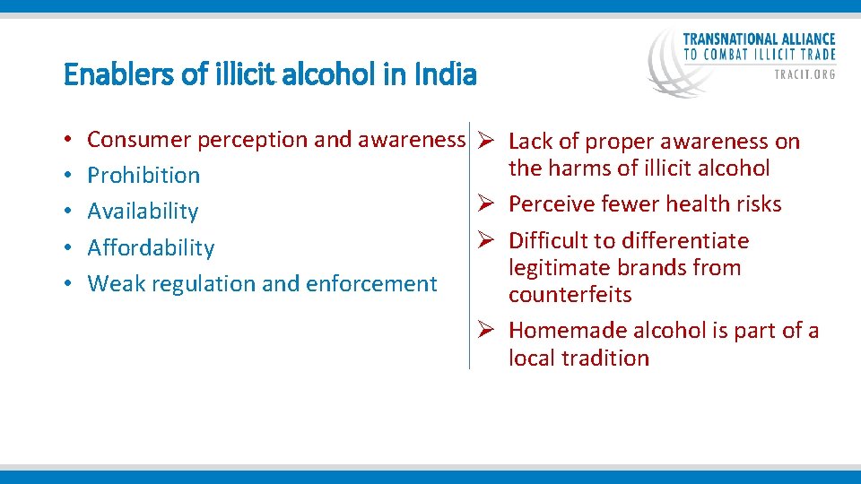  Enablers of illicit alcohol in India • • • Consumer perception and awareness