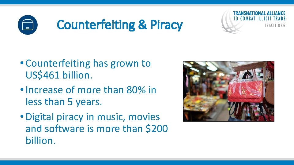  Counterfeiting & Piracy • Counterfeiting has grown to US$461 billion. • Increase of