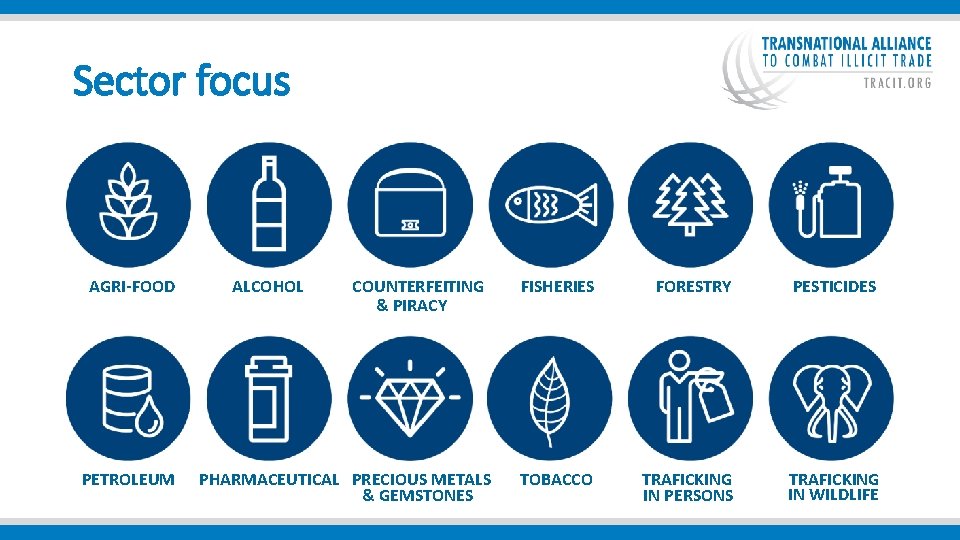  Sector focus AGRI-FOOD PETROLEUM ALCOHOL COUNTERFEITING & PIRACY PHARMACEUTICAL PRECIOUS METALS & GEMSTONES