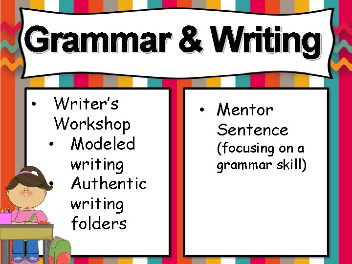 Grammar & Writing • Writer’s Workshop • Modeled writing • Authentic writing folders •