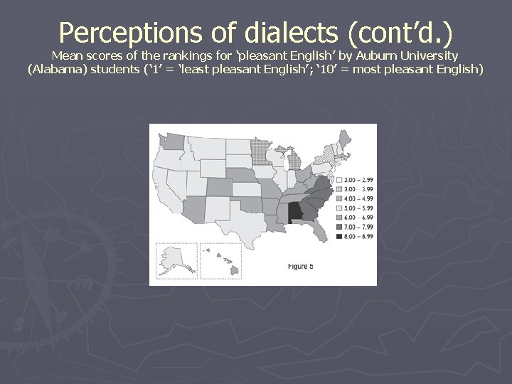 Perceptions of dialects (cont’d. ) Mean scores of the rankings for ‘pleasant English’ by