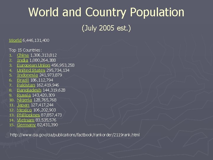 World and Country Population (July 2005 est. ) World 6, 446, 131, 400 Top